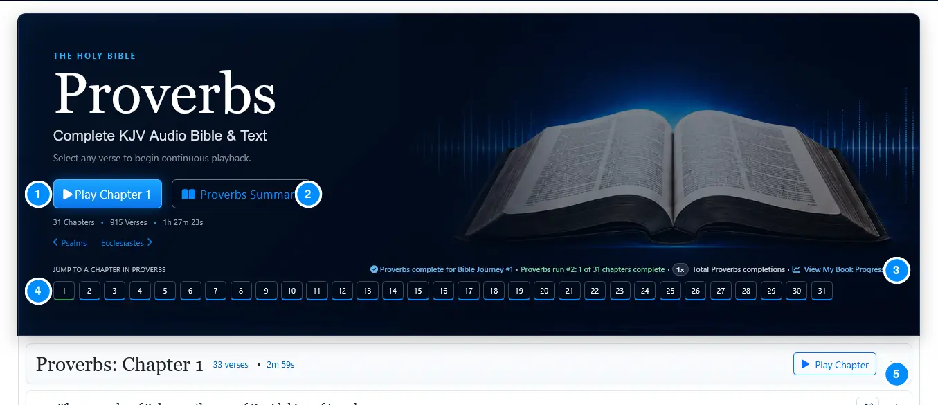 Signed-in Proverbs page displaying Bible Journey completion, current Proverbs run, and total completions