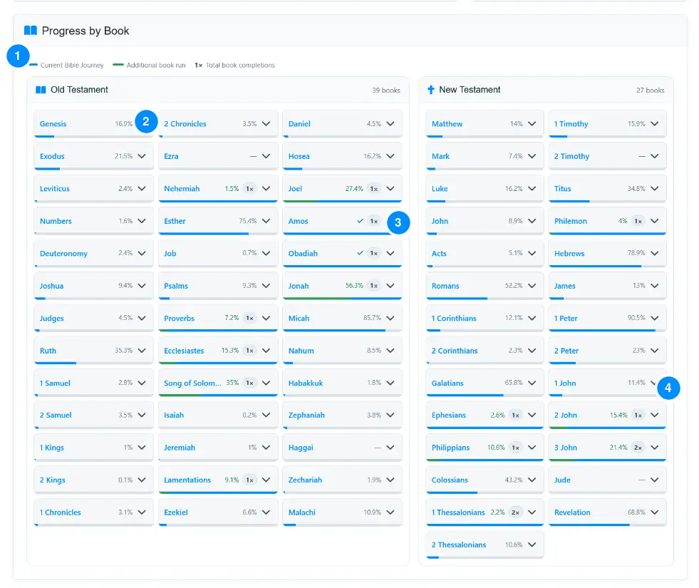 Dashboard Progress by Book directory with blue journey progress, green repeat progress, and completion badges