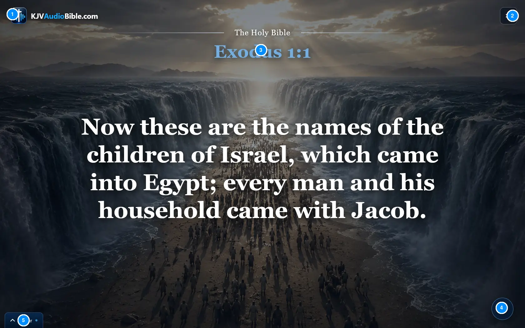 Fullscreen Bible verse presentation with reference and playback controls