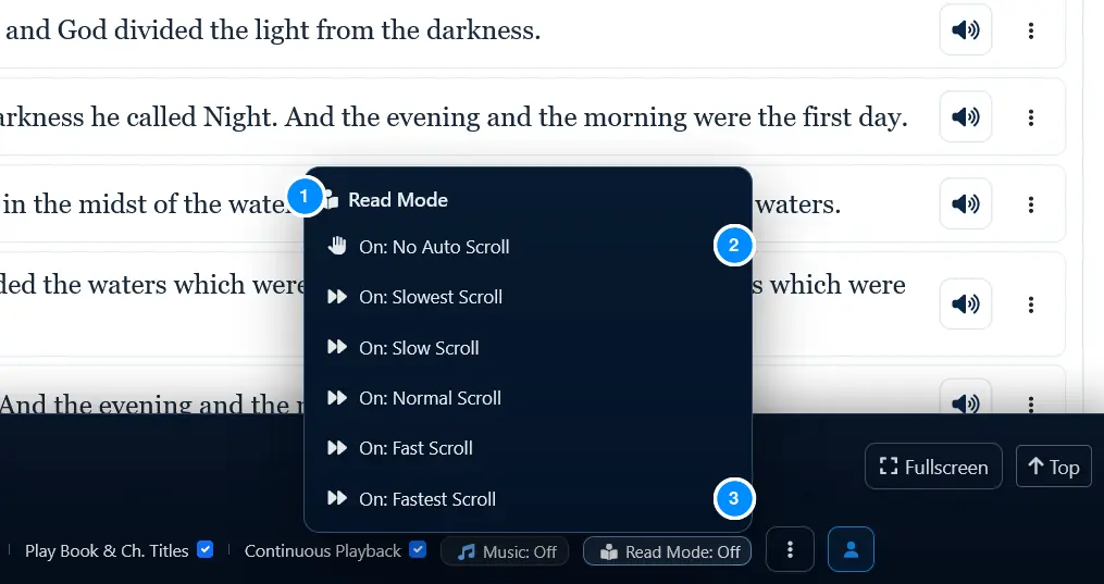 Read Mode menu with manual and automatic scrolling speeds