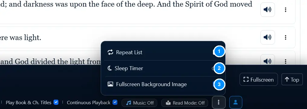 Sticky player menu showing repeat, sleep timer, and fullscreen background options