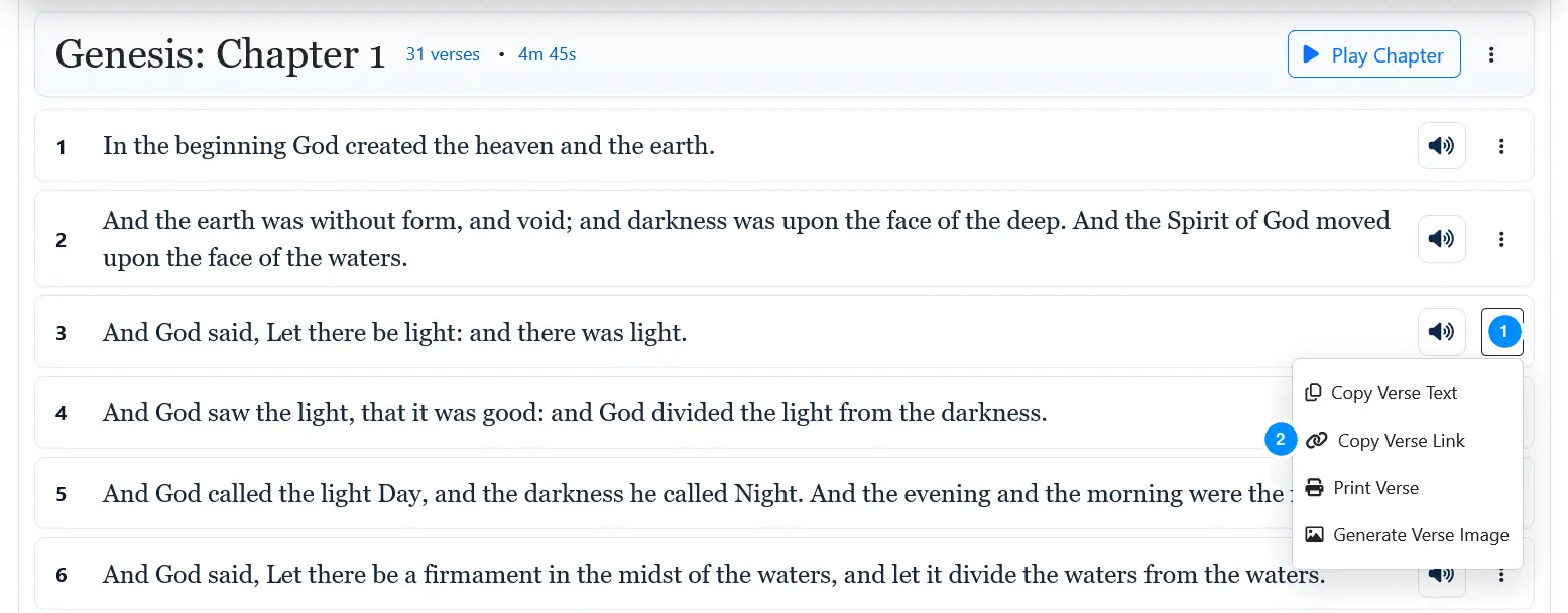 Verse actions menu with copy, print, and generate verse image options